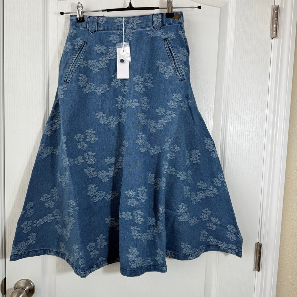 Girls Blanc Blue Floral Denim A-Line Skirt Size 10